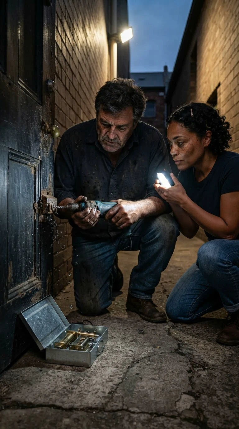 Gus kneels at the bakery back door with a drill and a metal box of deadbolts.