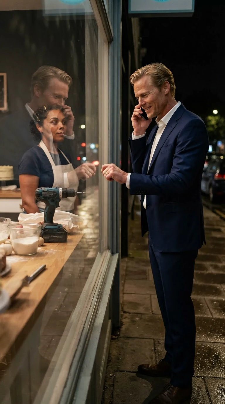 Dean stands outside the shop glass, phone to his ear, tapping the window.