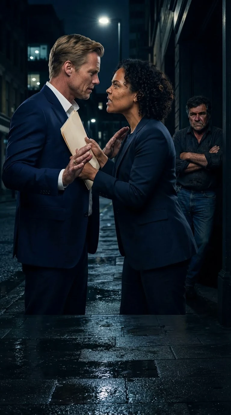 Jolene presses the folder against Dean's chest, fierce, on the sidewalk.