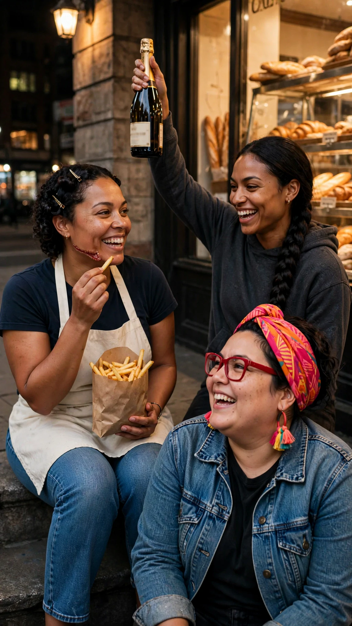 Jolene eats a fry from a paper bag while Lupe grins beside her on the stoop.