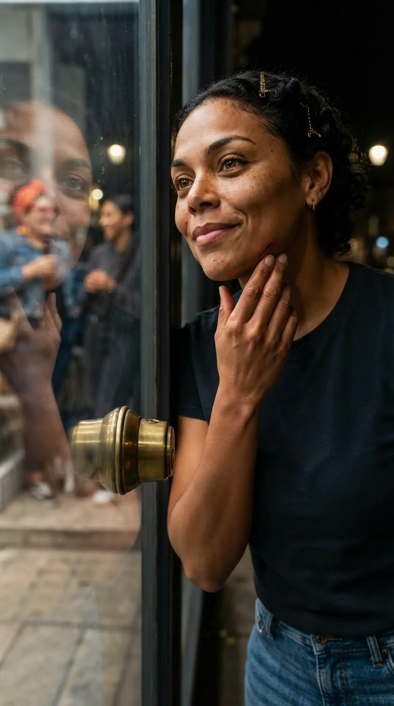 Jolene catches her reflection in the shop glass, a small smile on her face.