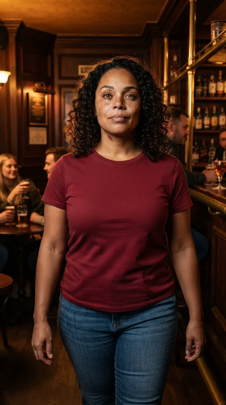A curvy woman with warm brown skin and dark curly hair walks into a dim hotel bar at night, jaw scabbed, chin up.