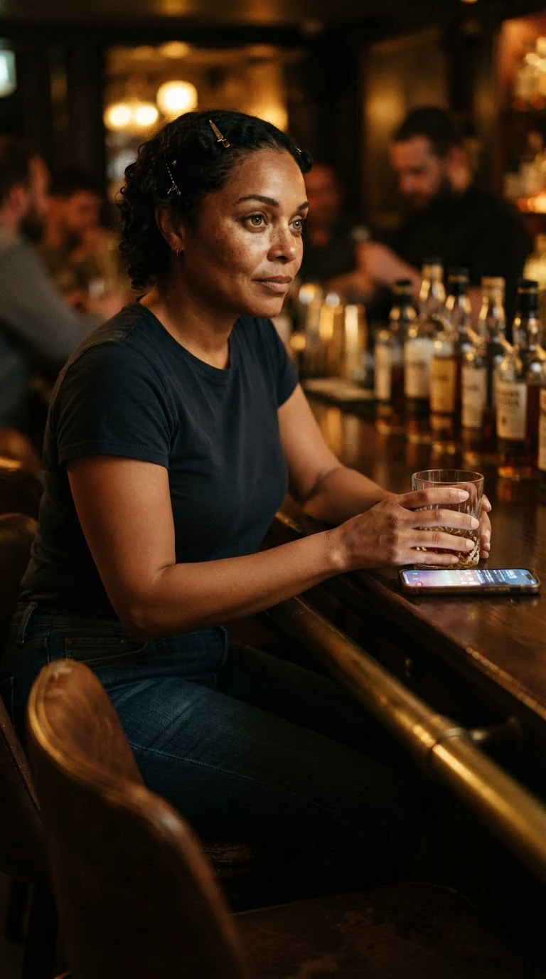 A woman sits alone at the bar with a whiskey, phone face up beside her glass.