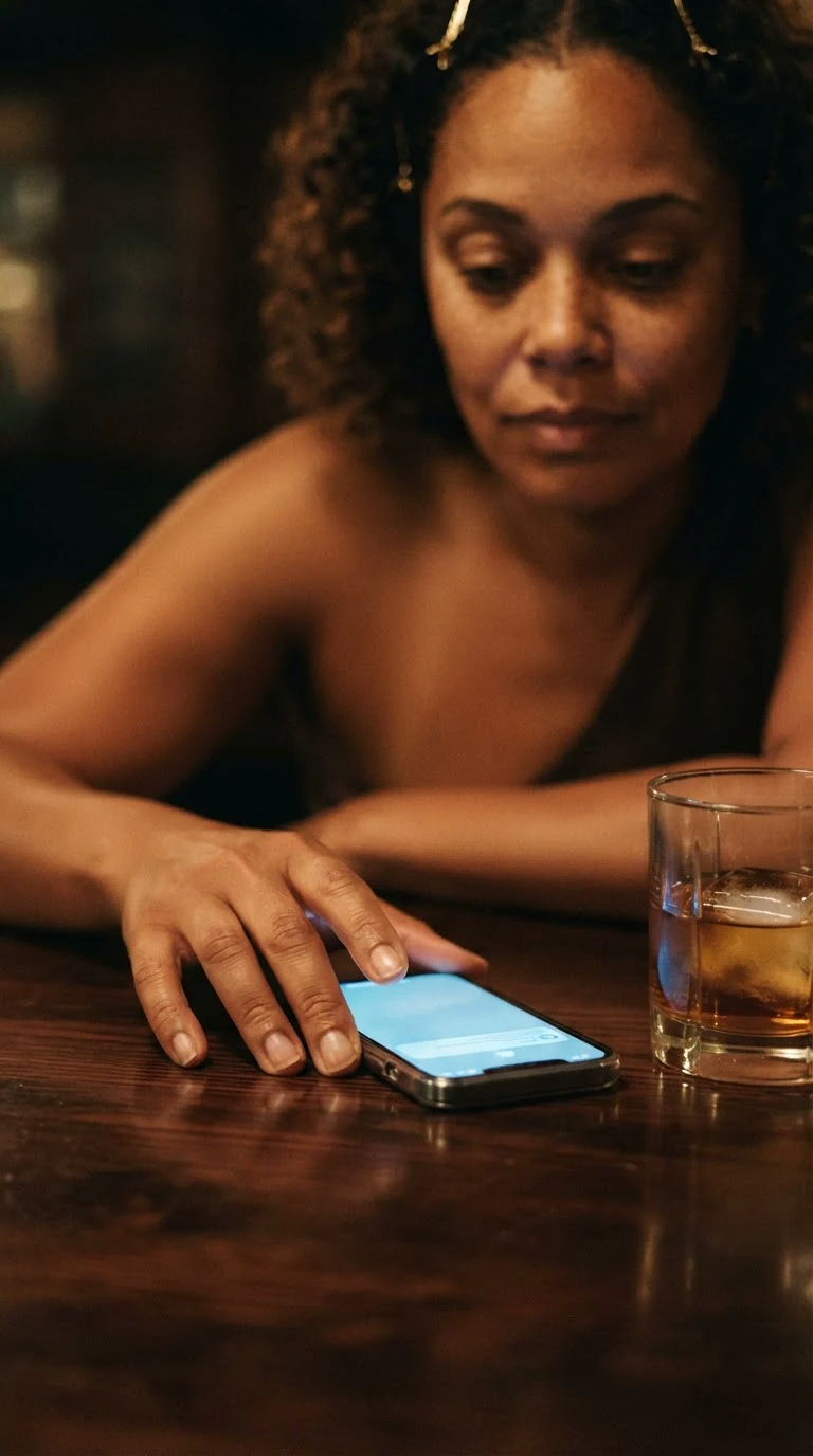 A phone on a bar top, lit up with a cruel text message, a woman's hand hovering over it.