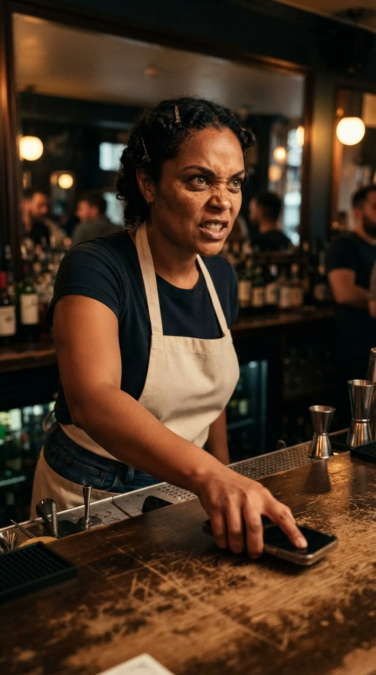 A woman sets her phone face down on the bar and looks away, jaw tight.