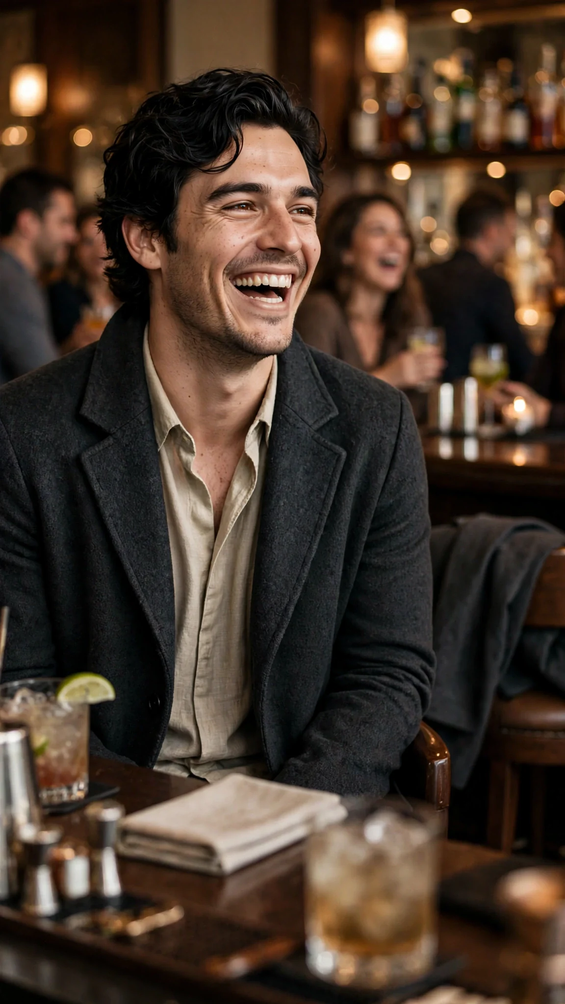 A tall broad-shouldered man with dark wavy hair laughs at the end of the bar, coat over the next stool.