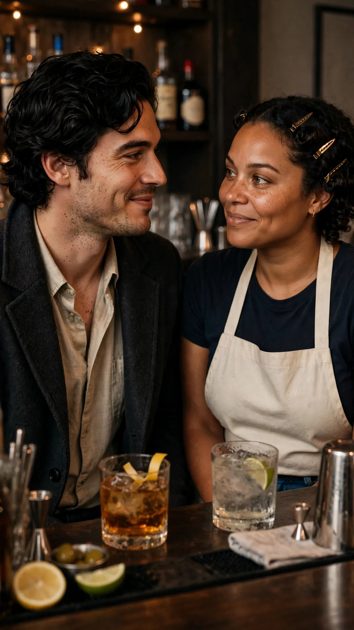 A man and a woman look at each other across a hotel bar, both half smiling.