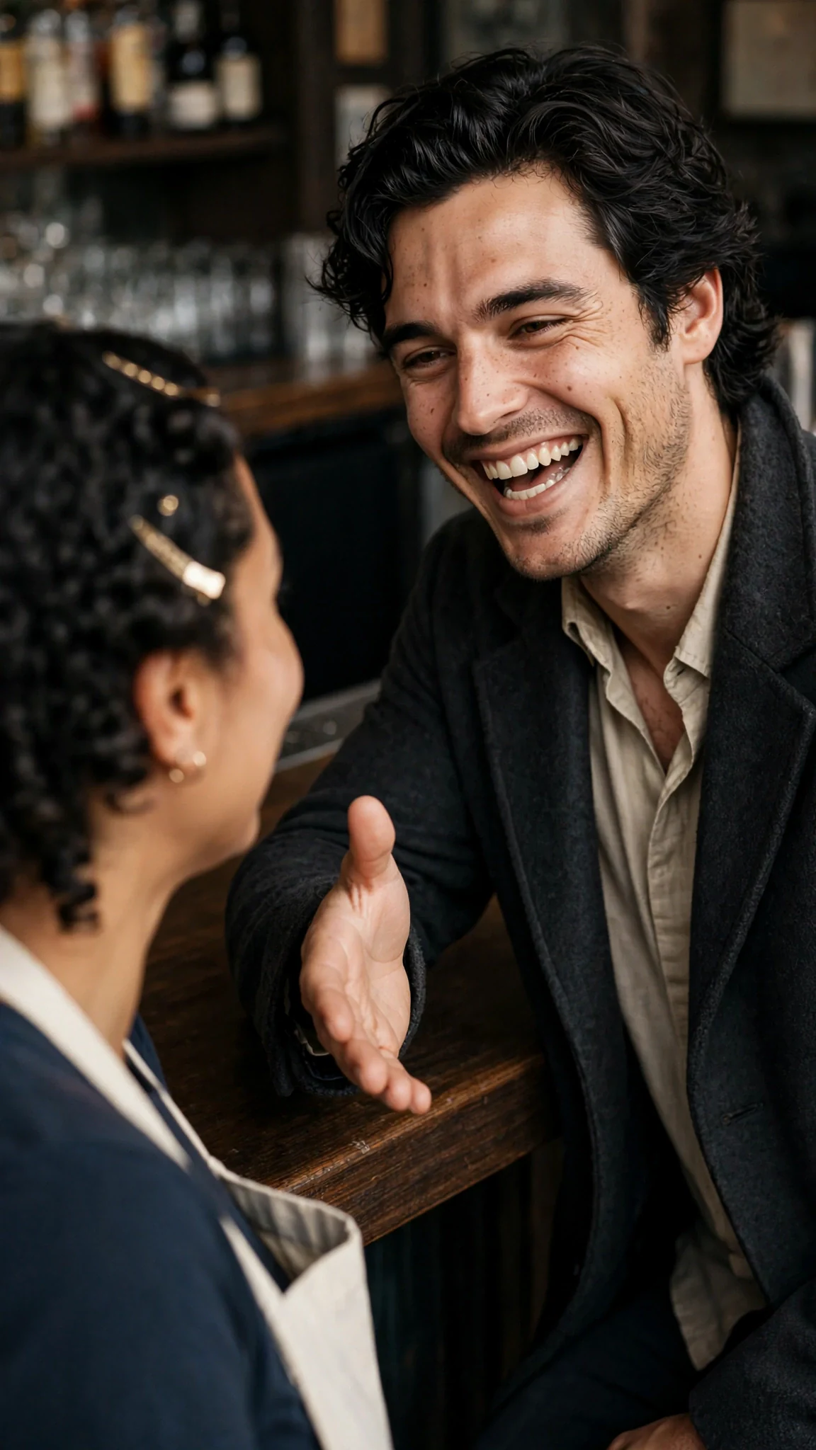 The man leans an elbow on the bar and offers his hand, grinning.
