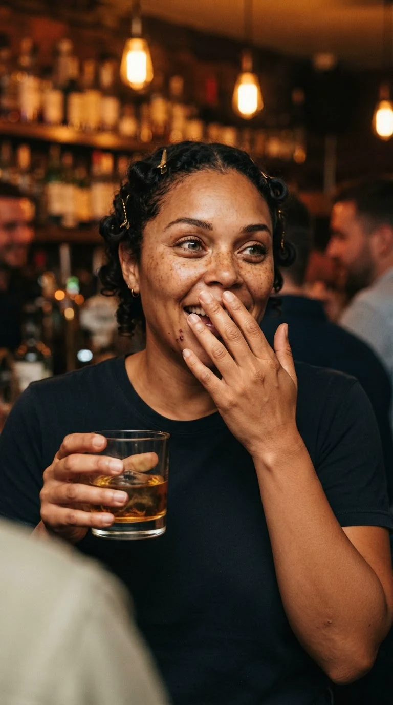 A woman laughs, surprised, one hand over her mouth, whiskey in the other.