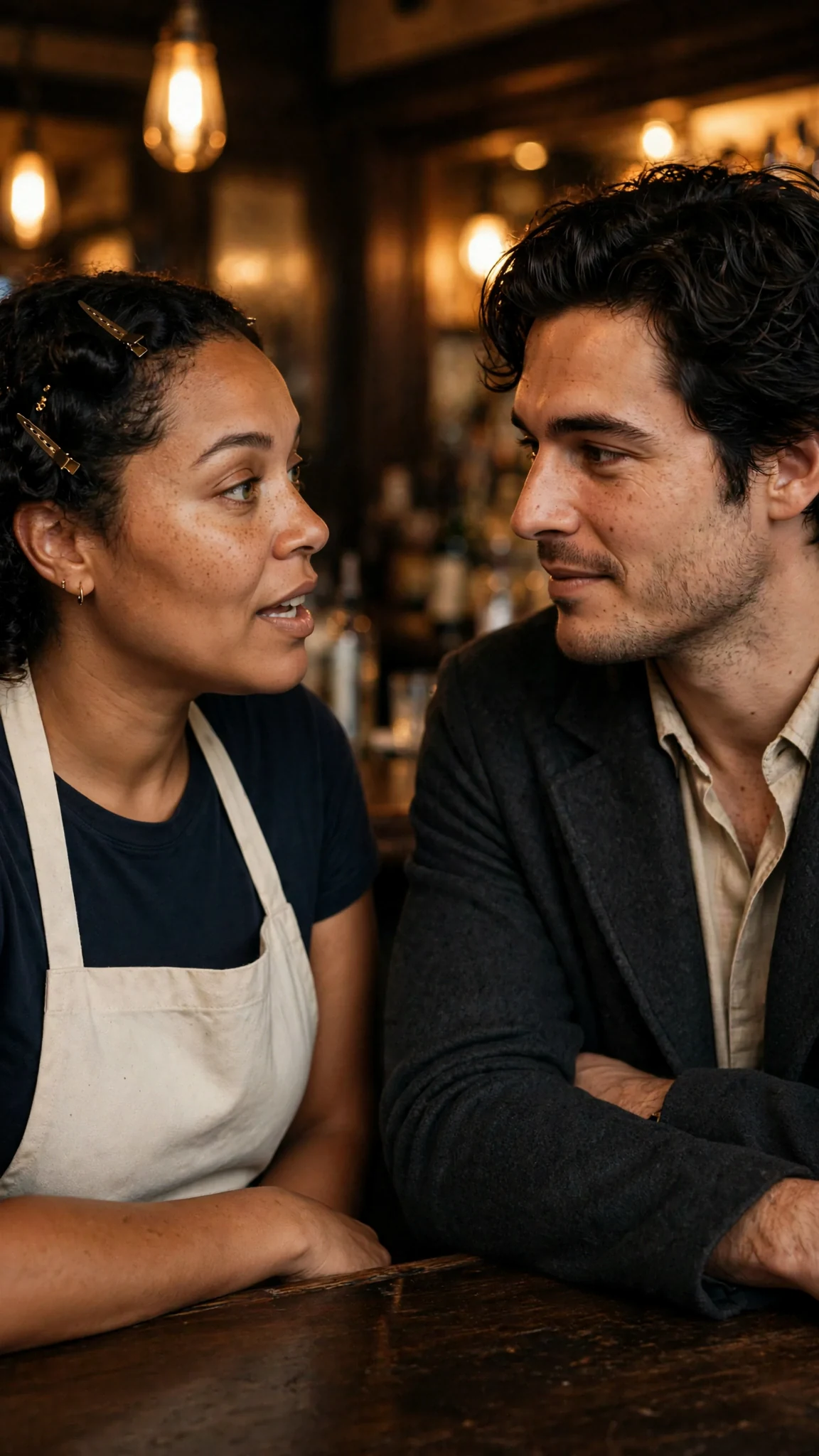 The woman speaks with her chin lifted, the man listening with his head tilted.