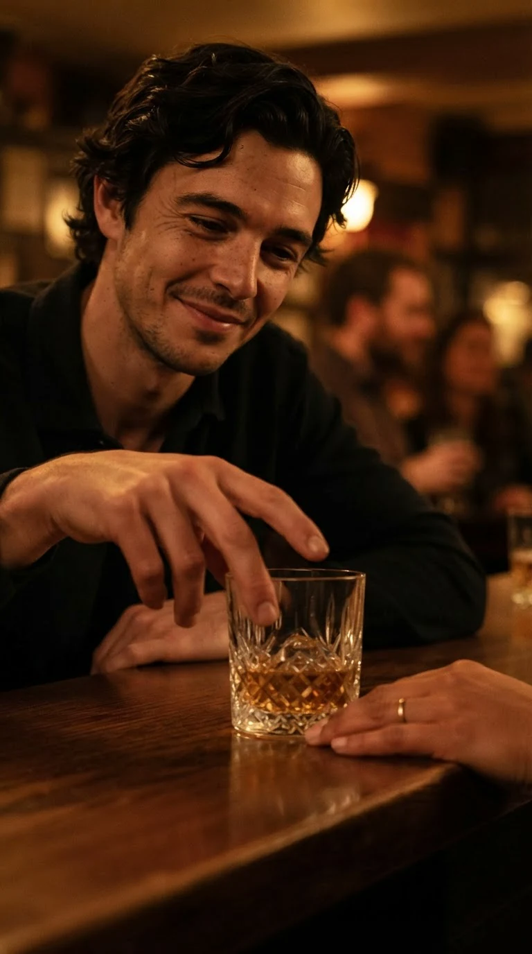 The man nods once and slides her glass closer, a small smile.