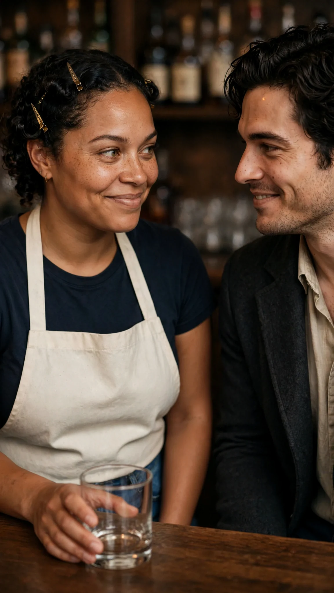 The woman finishes her whiskey and looks at him, bold, half smiling.
