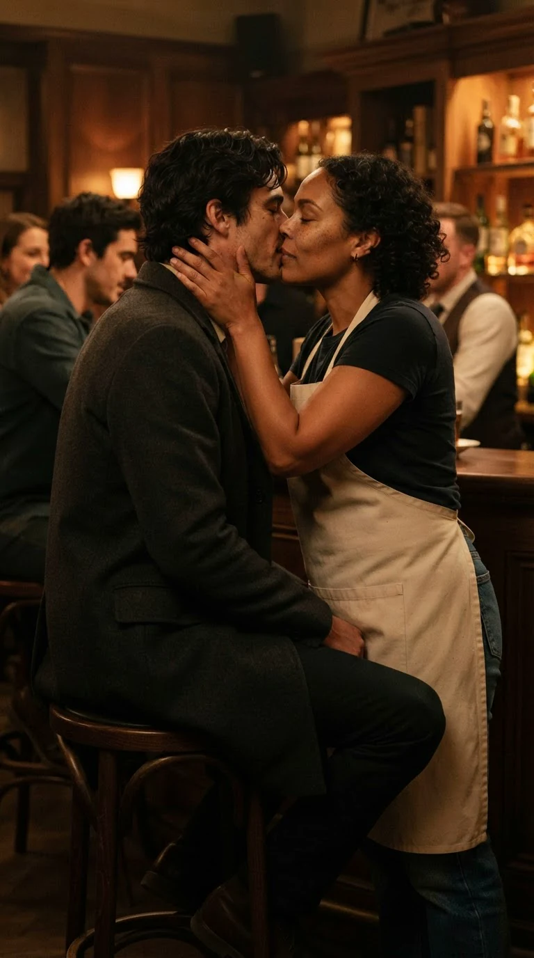 A woman kisses a man on a bar stool, her hand on his jaw.