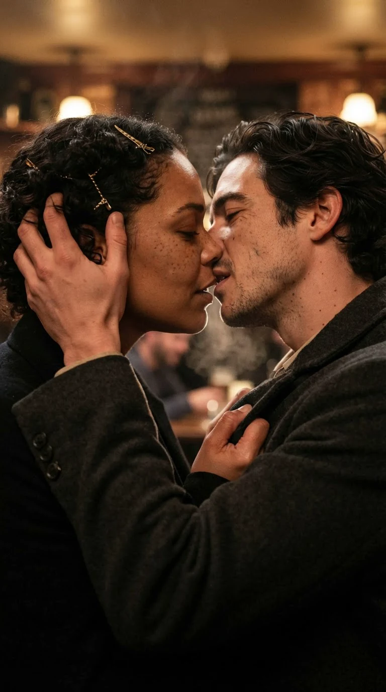 The kiss deepens, his hand in her hair, her fingers in his coat.