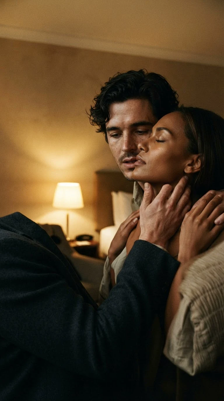 In a dim hotel room, a man kisses a woman's neck against the wall, his coat on the floor.
