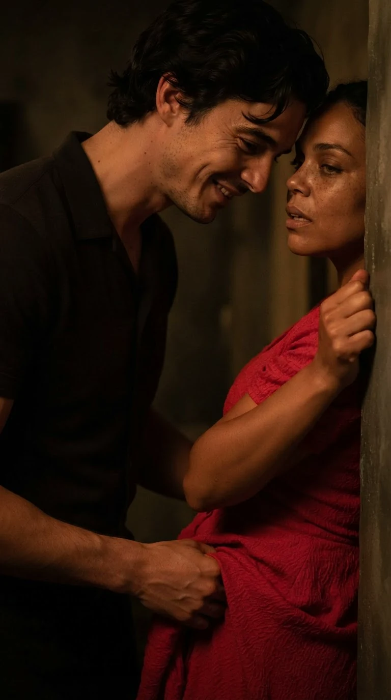 A man's hand slides under a woman's dress against the wall, her fingers gripping his shoulder.