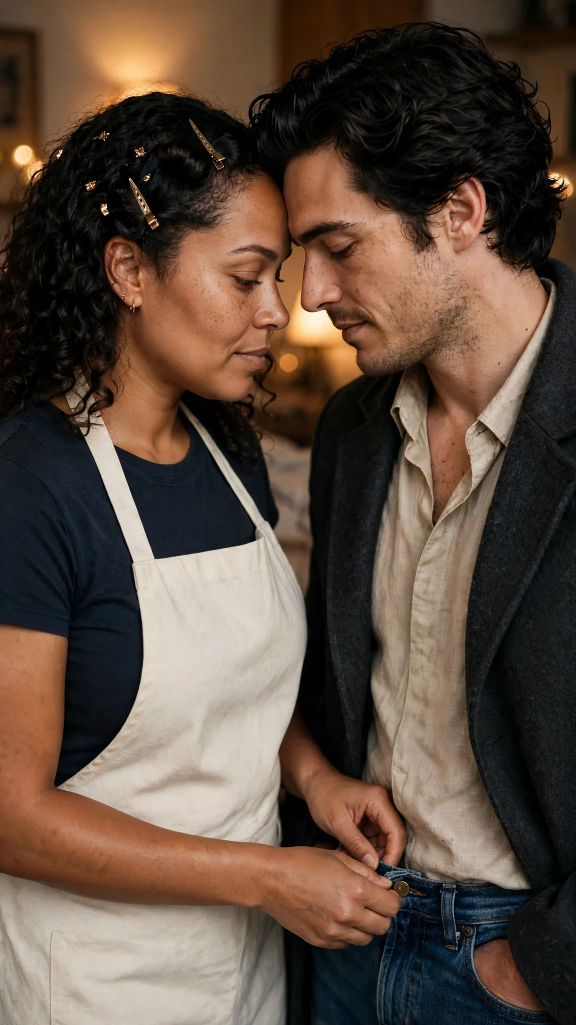 A woman unfastens a man's jeans against the wall, his forehead against hers.