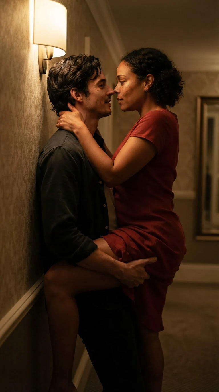 A man lifts a woman against a hotel wall, her legs locked around him, both still half dressed.