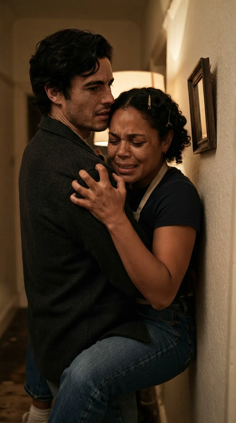 A woman's face against a man's shoulder as he moves against her at the wall, a picture frame crooked behind her.