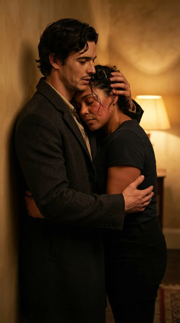 The man holds the woman close, both breathing hard, her forehead on his collarbone.