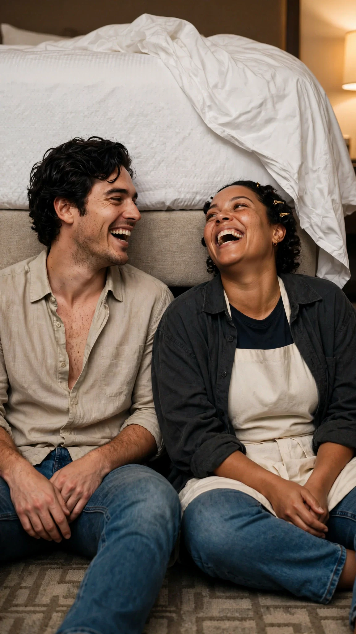 A man and a woman sit on the floor against a hotel bed, fully dressed in borrowed clothes, laughing.