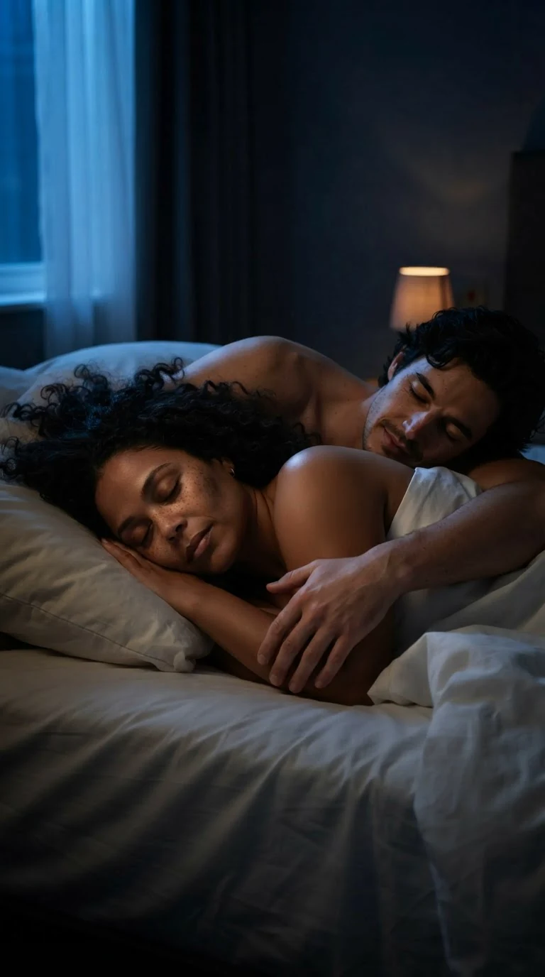 The woman lies with a man's arm around her waist, both asleep in the dark.