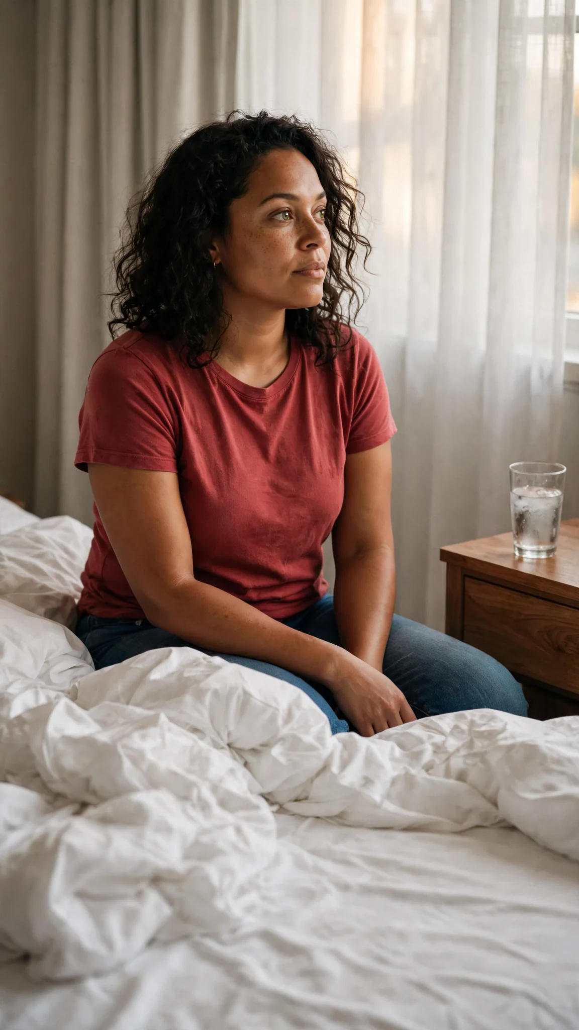 A woman sits alone on the edge of a hotel bed in the morning, dressed, a glass of water on the table.