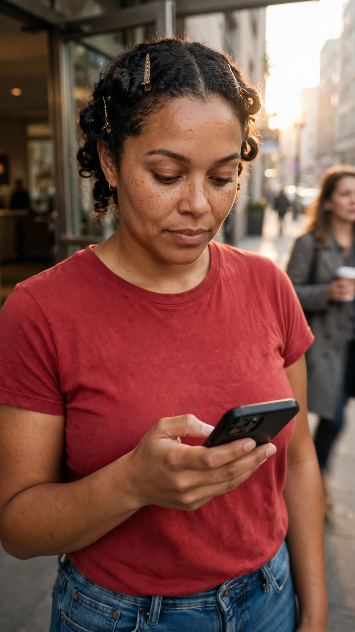 A woman steps out of a hotel lobby into morning sun, deleting a text on her phone, chin lifting.