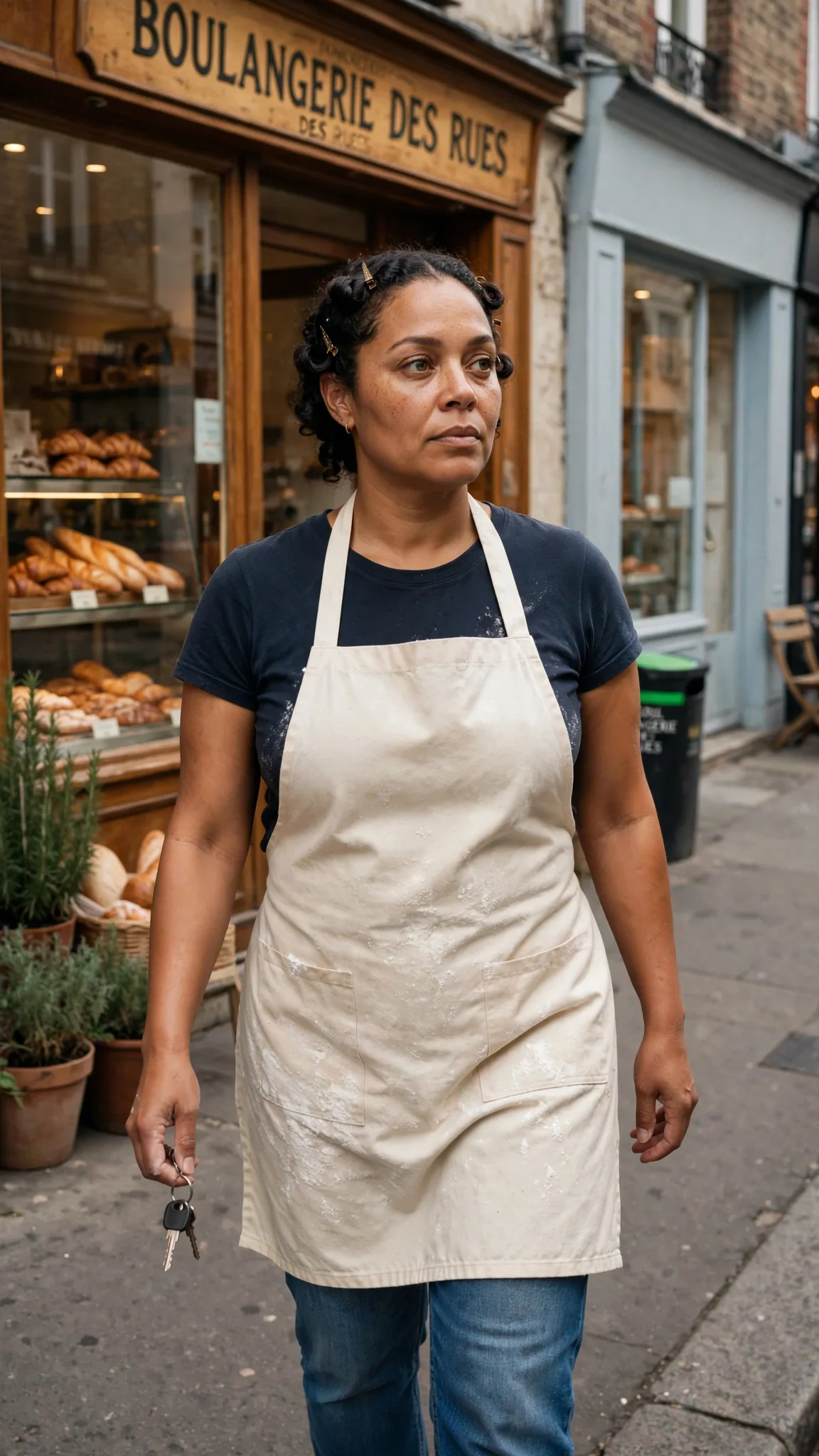 Jolene walks toward her cake shop on Vine Street in the morning sun, jaw scabbed, keys in her hand.
