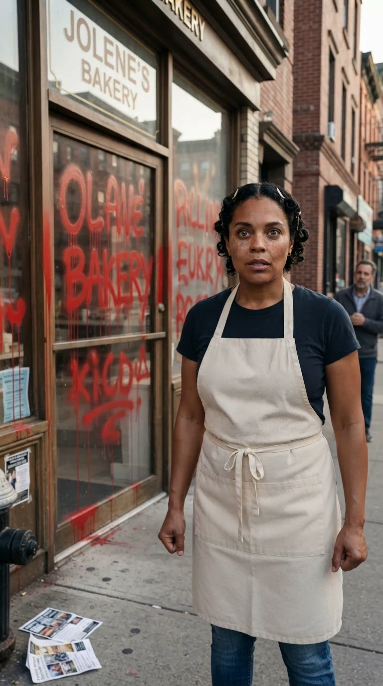 Jolene stops short on the sidewalk, her shop door covered in red spray paint.