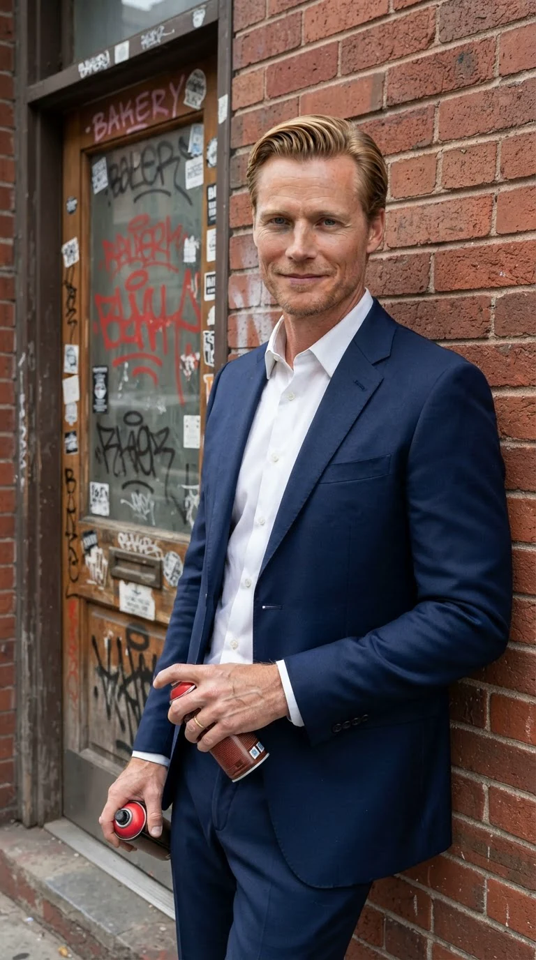 Dean leans against the brick wall beside the shop, smiling in his navy suit.