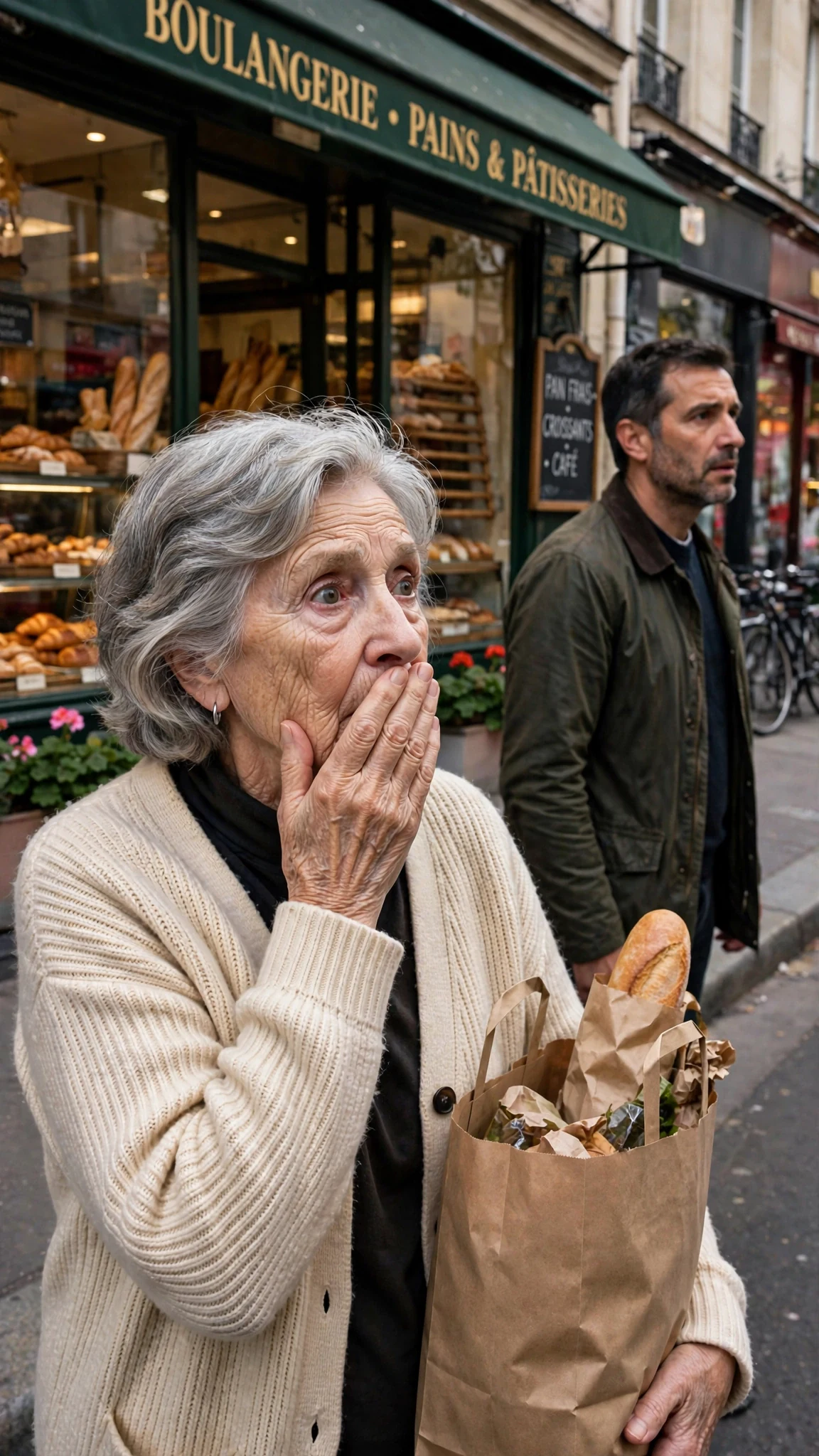 A gray-haired neighbor woman on the sidewalk turns to look, hand over her mouth.