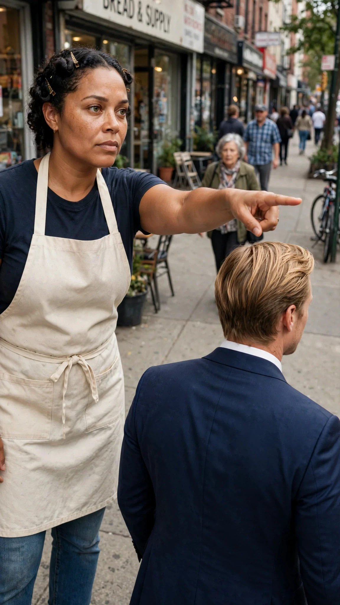 Jolene points at the street, ordering Dean away, her voice steady.