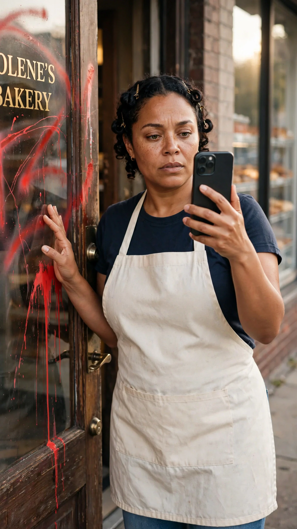 Jolene touches the spray-painted door, then takes out her phone to call someone.