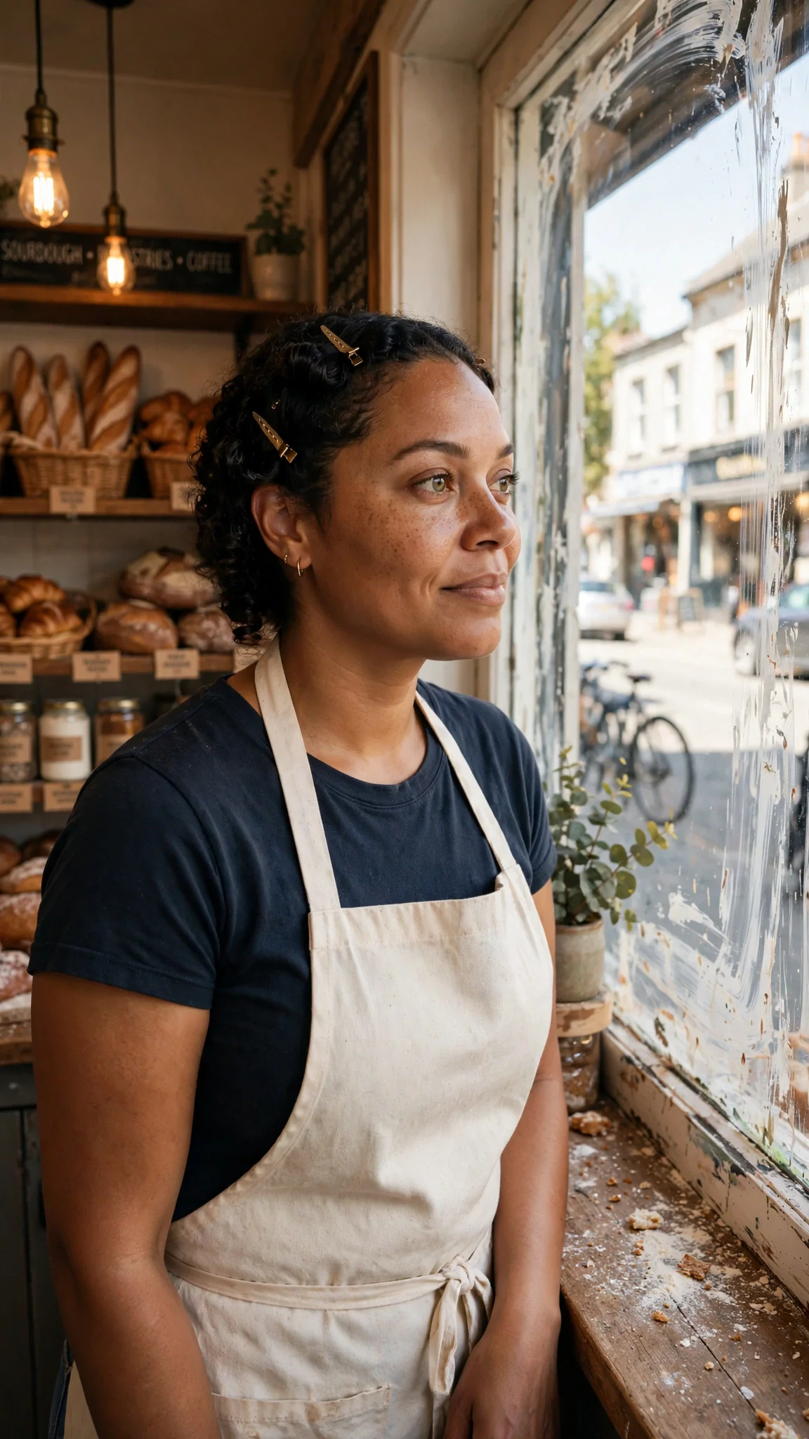 Jolene inside the shop, looking out at the street through the clean window, a small stubborn smile.