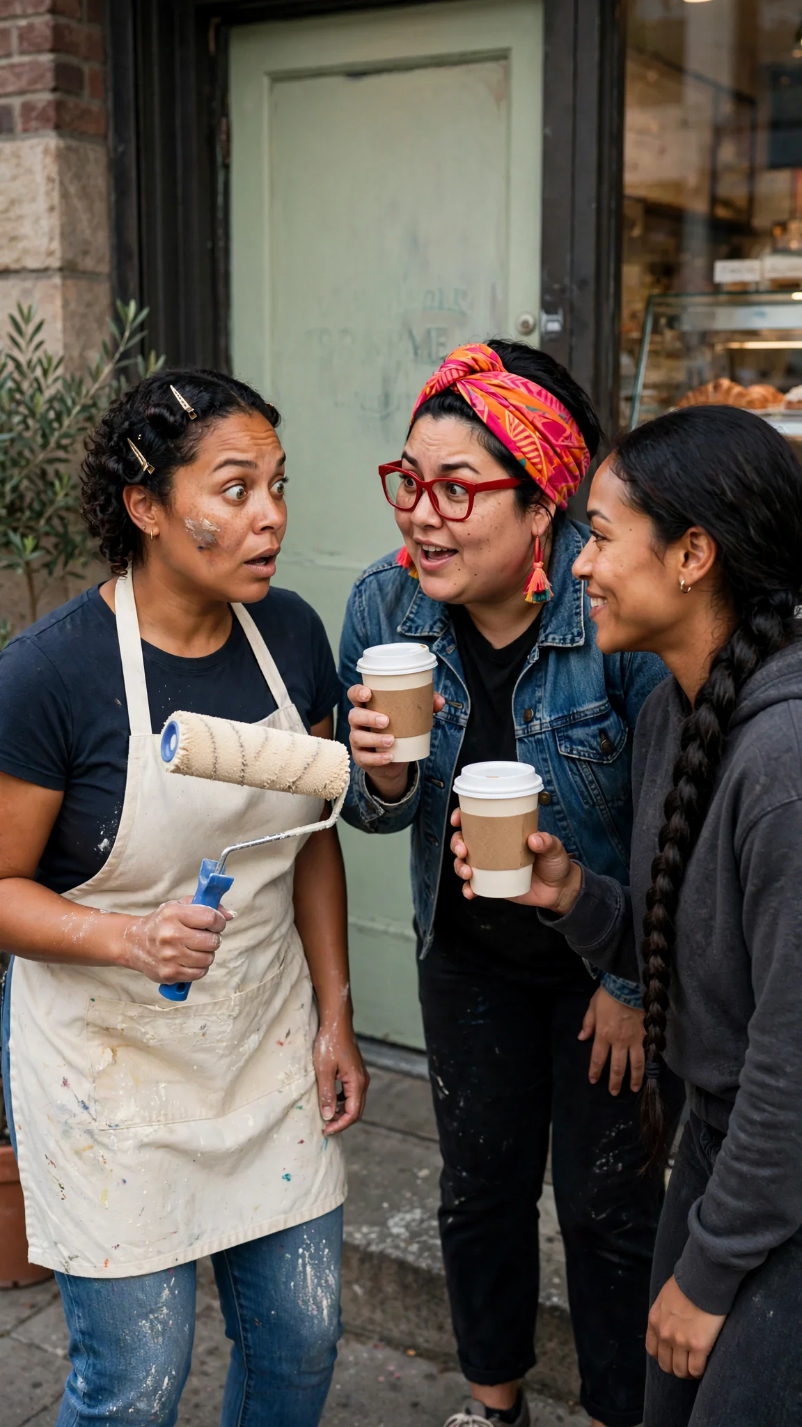 Jolene paints her shop door while Roxy and Lupe arrive with coffee and grins.
