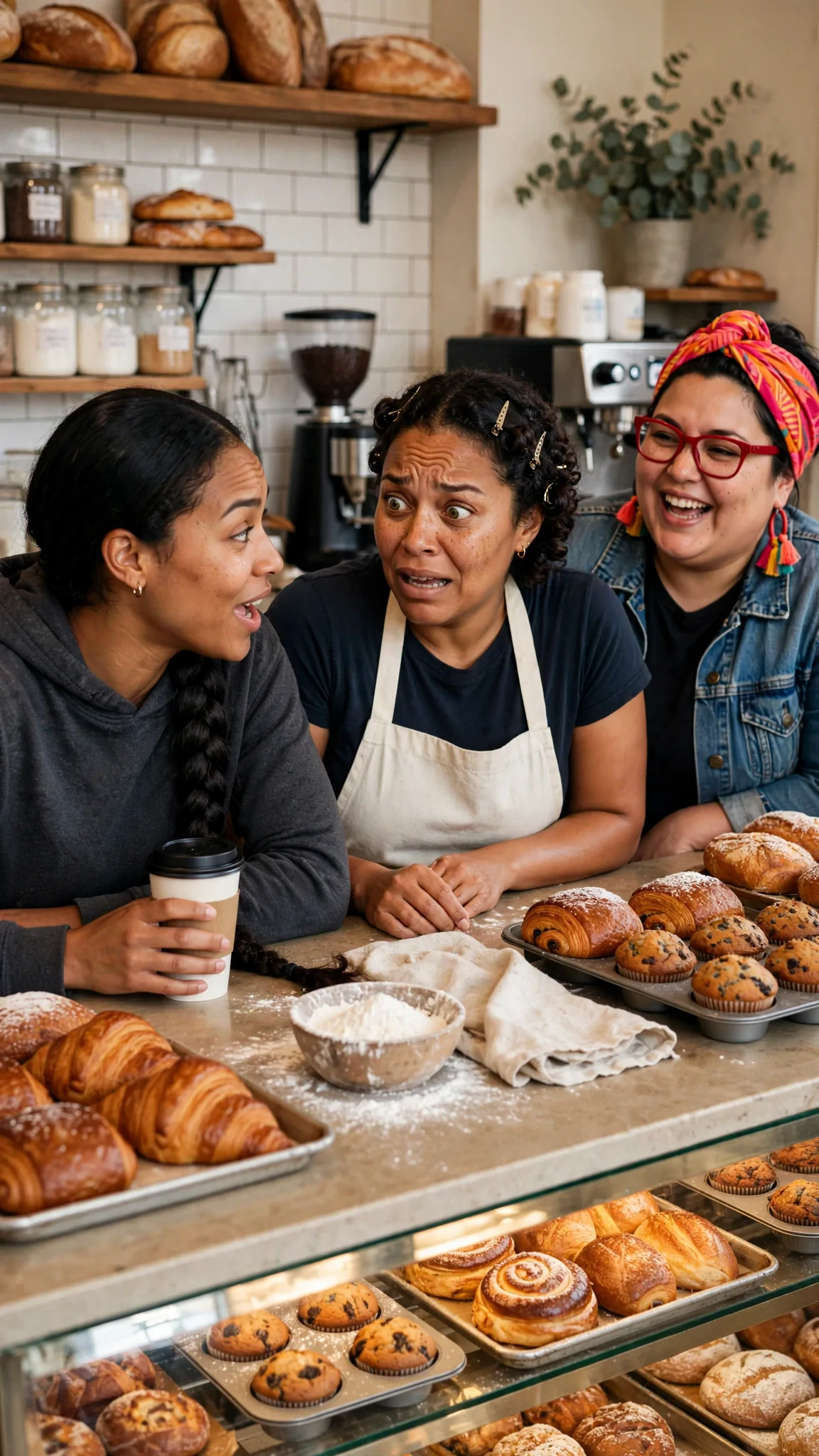 Lupe grinning wide with her coffee, teasing Jolene.