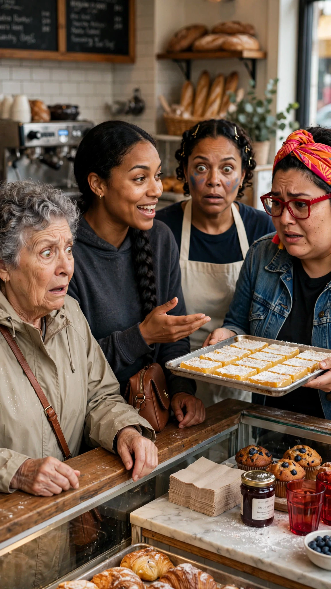 An older woman customer in a raincoat stands at the counter, overhearing everything.