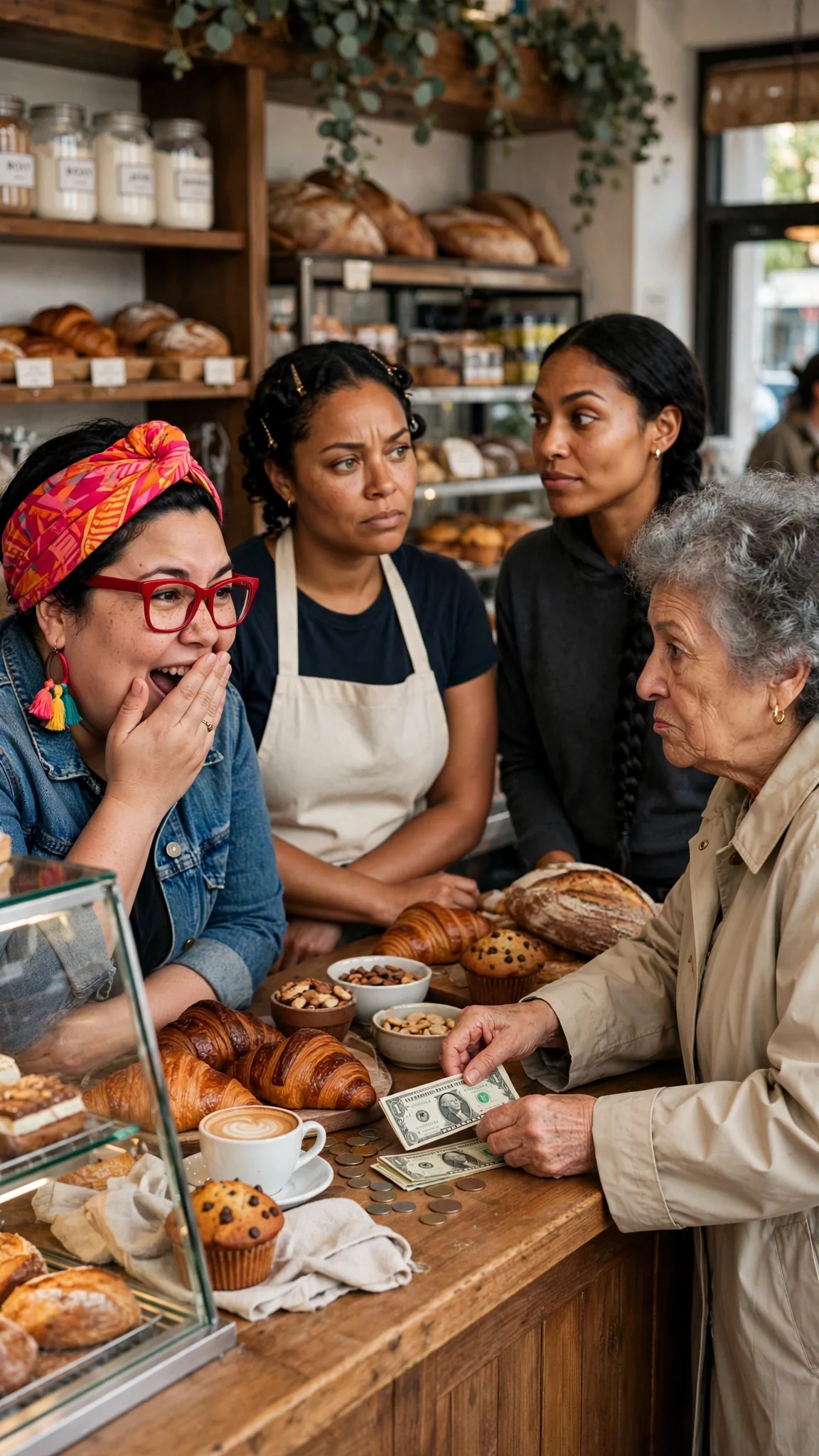 Roxy slaps a hand over her own mouth, laughing, the customer paying fast.