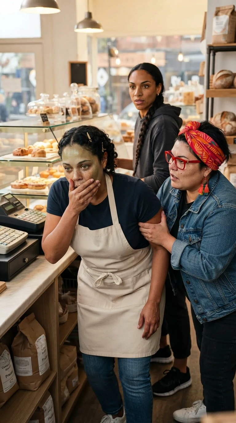 Jolene claps a hand over her mouth, going green in the shop.