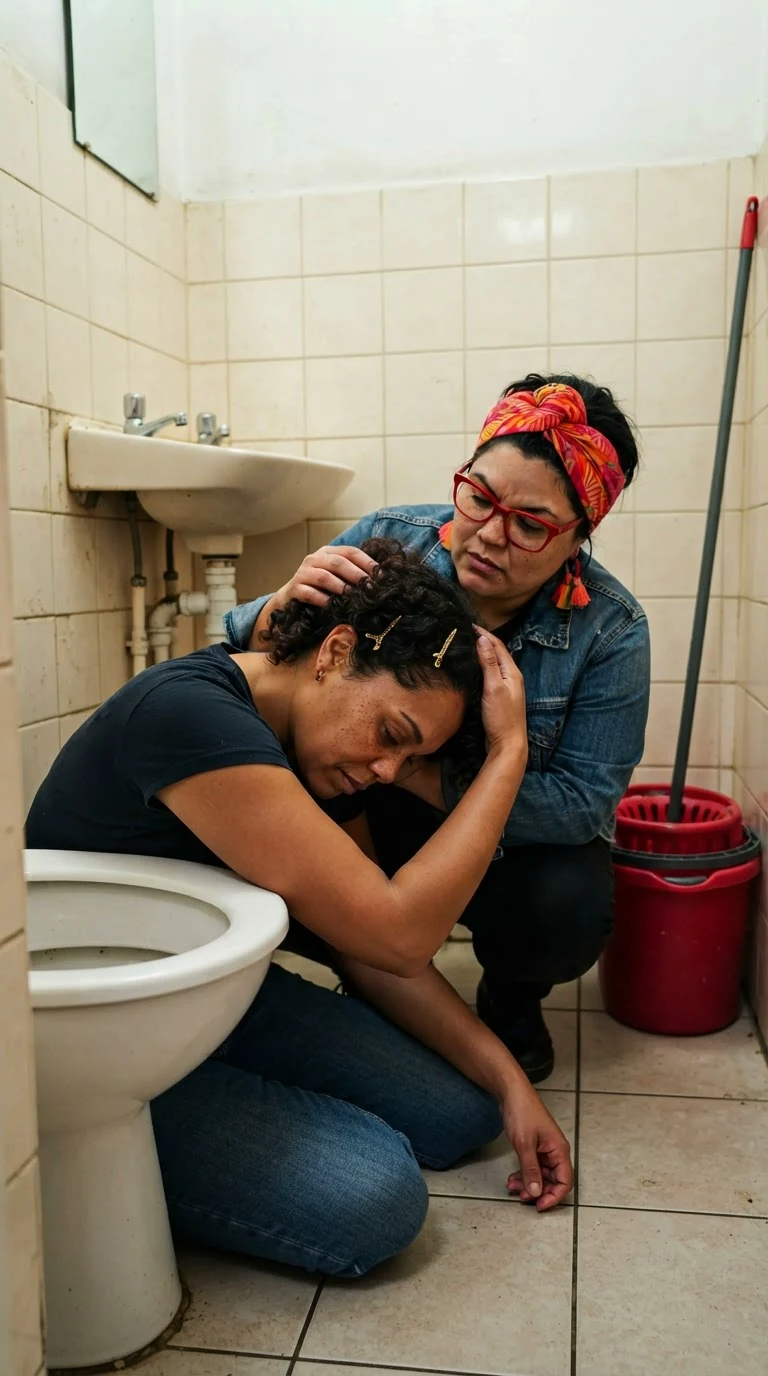 Roxy holds Jolene's hair back in the tiny shop bathroom.