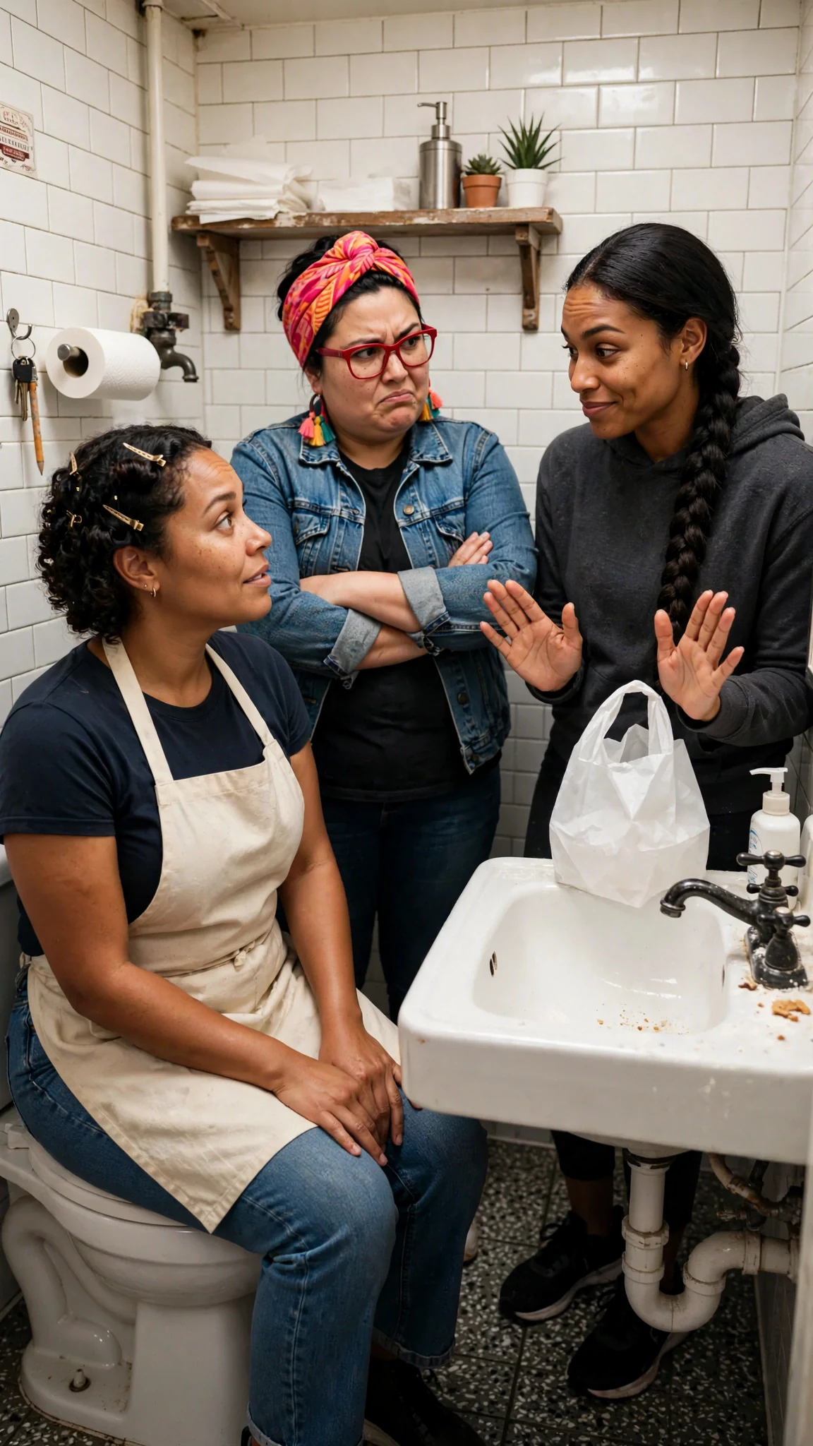 Lupe sets a white pharmacy bag on the sink like it might explode.