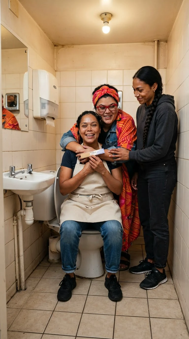 Jolene laughing and crying with the test in her lap, friends hugging her.