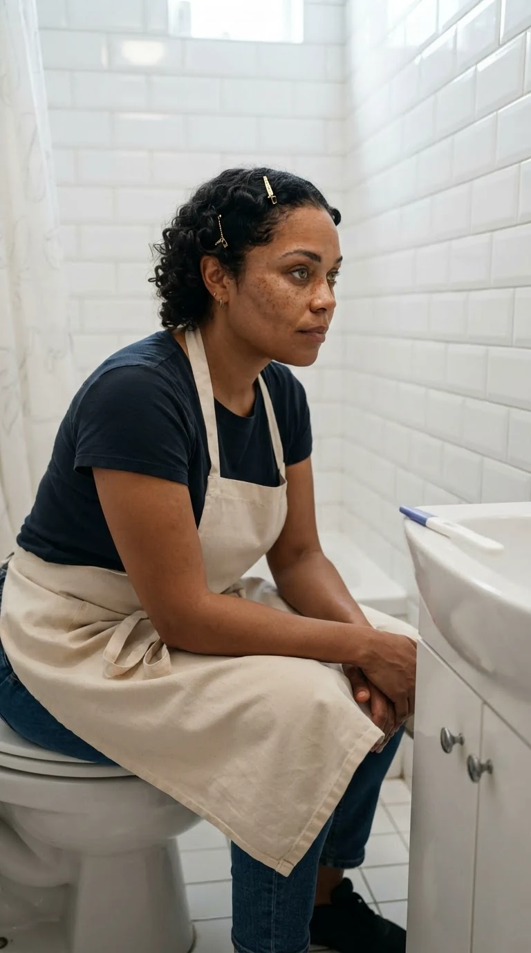 Jolene sits on the closed toilet lid in the tiny bathroom, elbows on her knees, waiting.