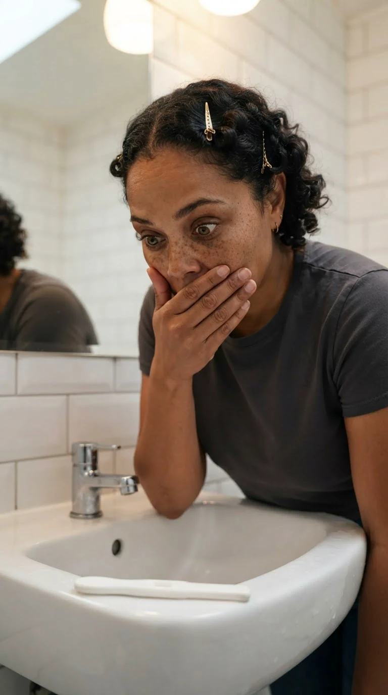 Jolene leans over the sink and looks down at the test, one hand pressed to her mouth.