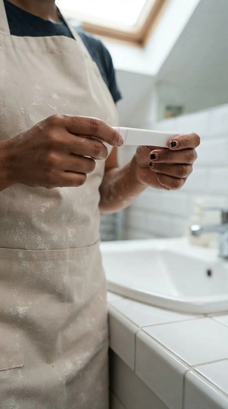 Close view of Jolene's shaking hands holding the test over the sink.