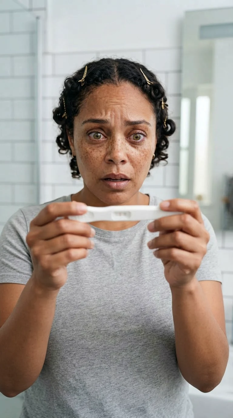 Jolene stares at the test in her hand, mouth open in flat disbelief.