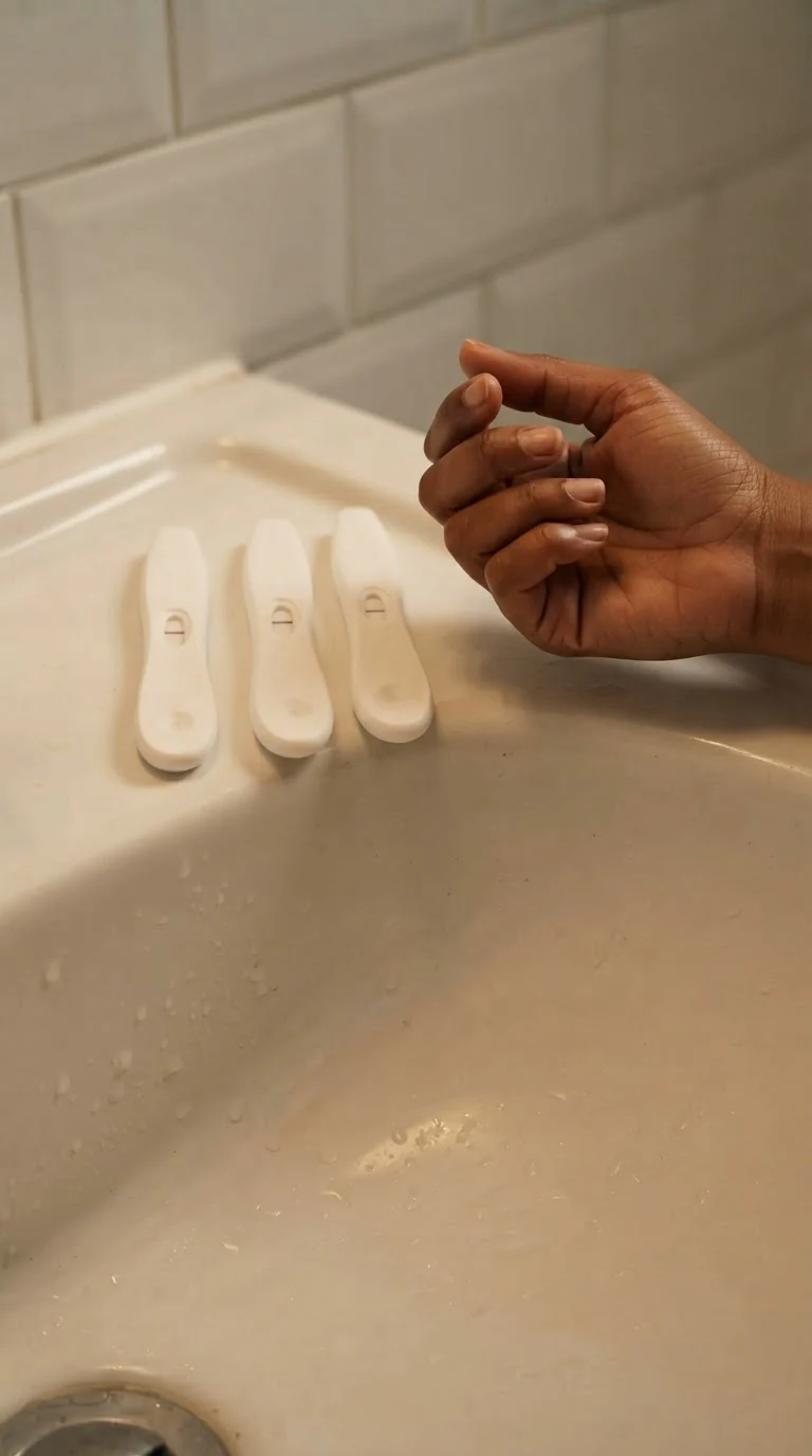 Three white test sticks lined up on the sink edge, all showing the same result.