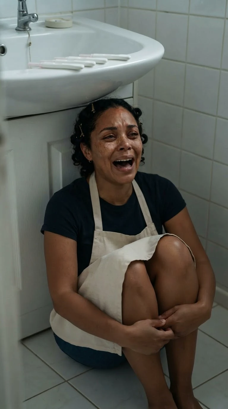 Jolene slides down the bathroom wall and sits on the floor, crying.