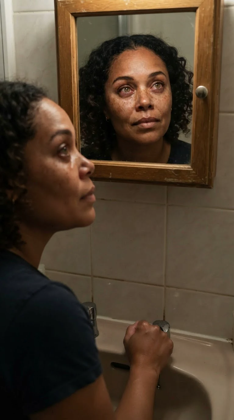 Jolene looks up at her own reflection in the bathroom mirror, eyes wet.